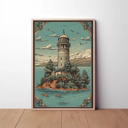 Lighthouse Island Retreat Vintage Travel Poster