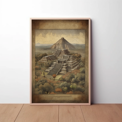 Mexico Teotihuacan Pyramids Volcano Vintage Travel Poster