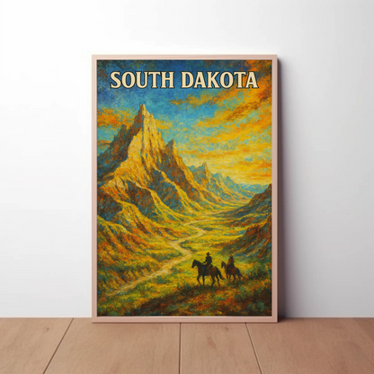 South Dakota Painted Cowboy Mountains Trail Vintage Travel Poster
