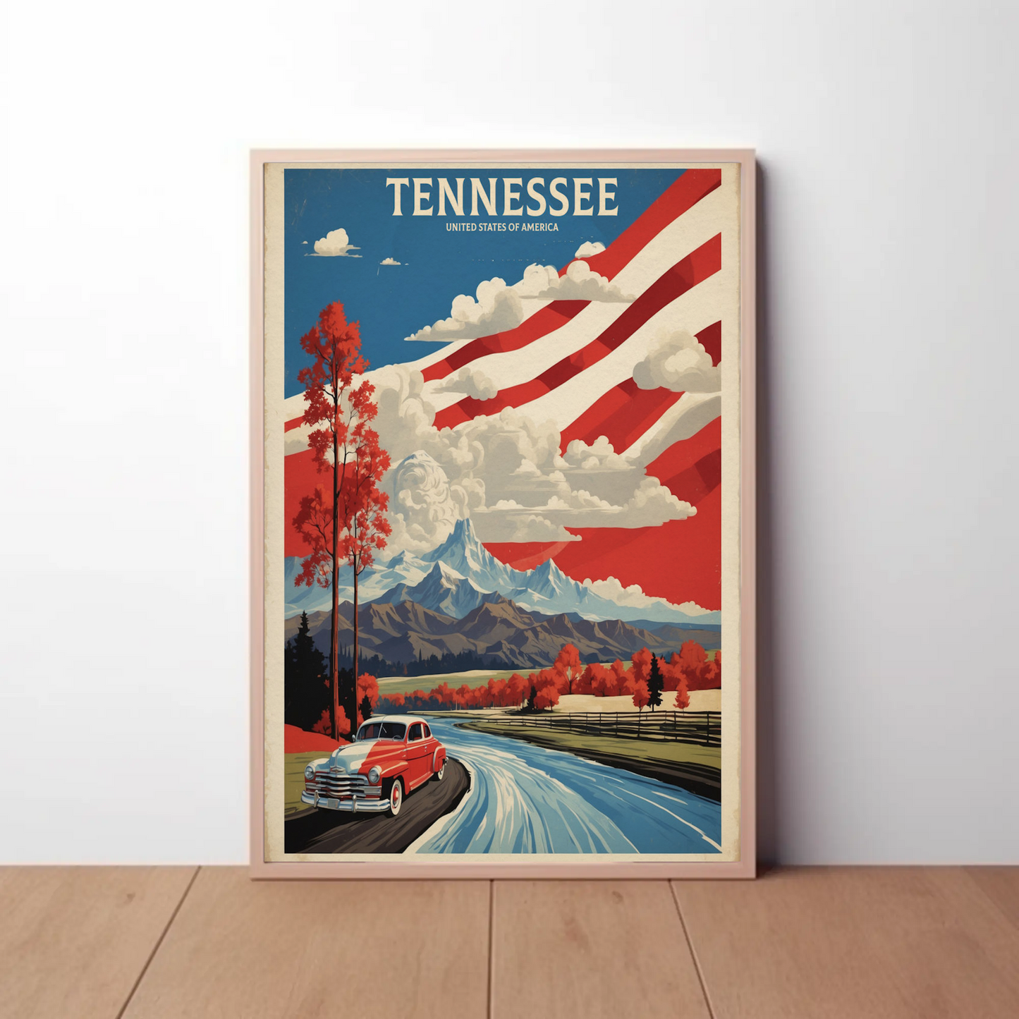 Tennessee Mountains Road Classic Car Vintage Travel Poster