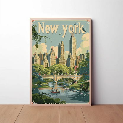New York Central Park Bridge Skyline Vintage Travel Poster