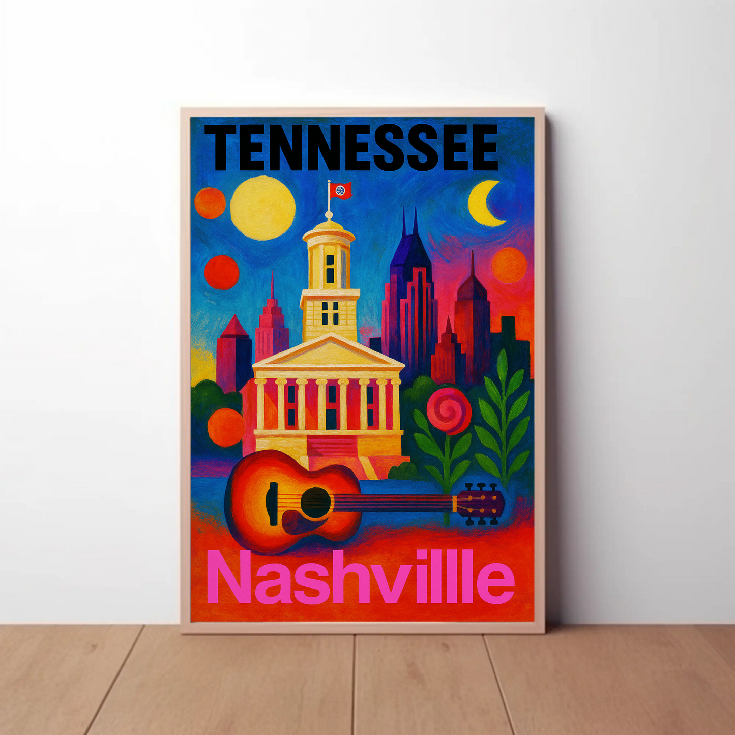 Tennessee Nashville Capitol Guitar Music City Vintage Travel Poster