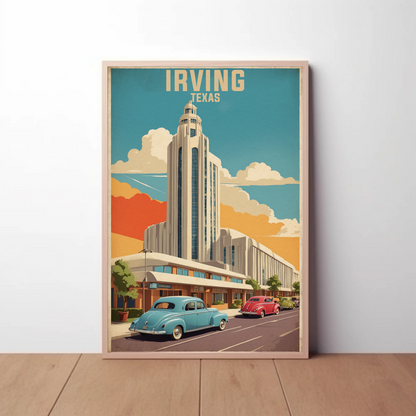 Irving Texas Art Deco Building Cars Retro Vintage Travel Poster