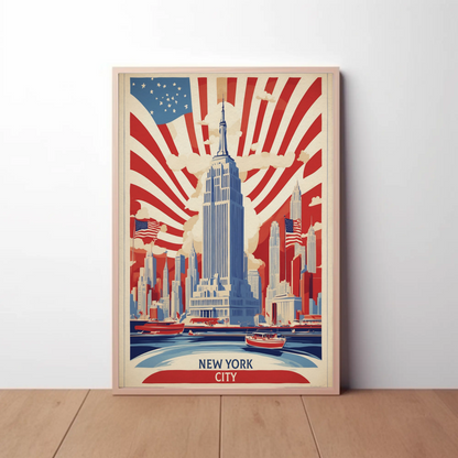 New York Empire Skyline Flags Vintage Travel Poster