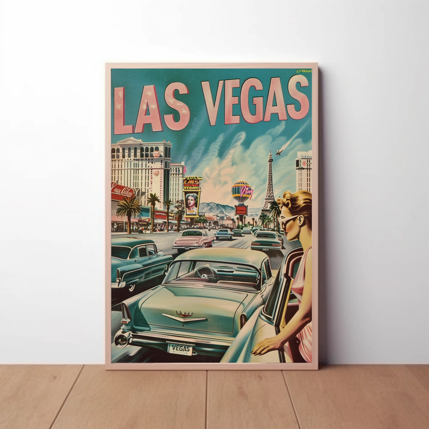 Las Vegas Strip Cars Neon Lights Vintage Travel Poster