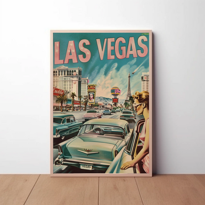 Las Vegas Strip Cars Neon Lights Vintage Travel Poster