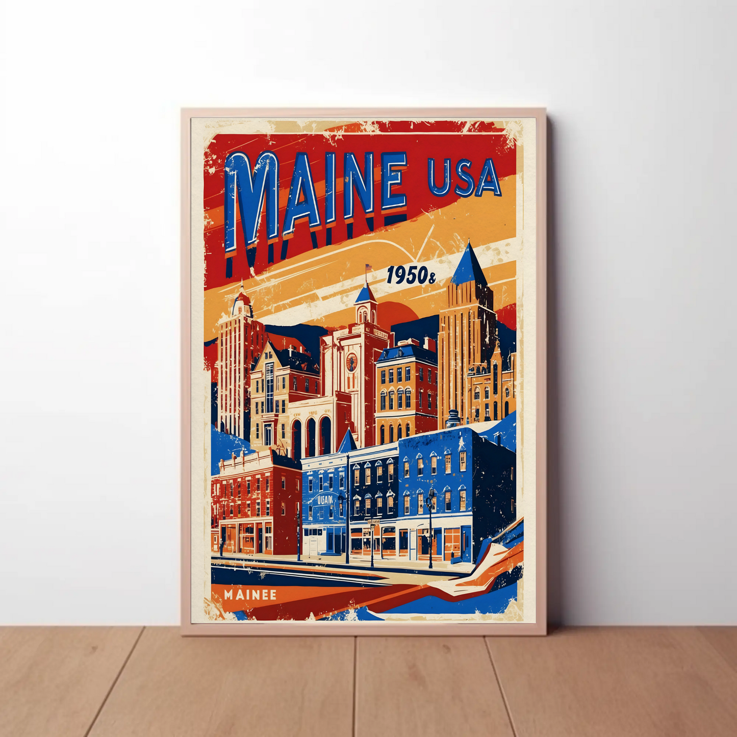 Maine USA 1950s Seaside Townscape Vintage Maroon Travel Poster