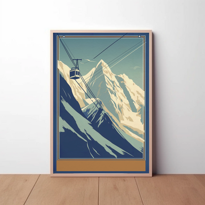 Retro Tram Over Snowy Mountainside Vintage Travel Poster