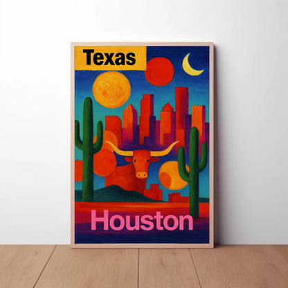 Texas Houston Longhorn Cactus Sunset Cityscape Vintage Travel Poster