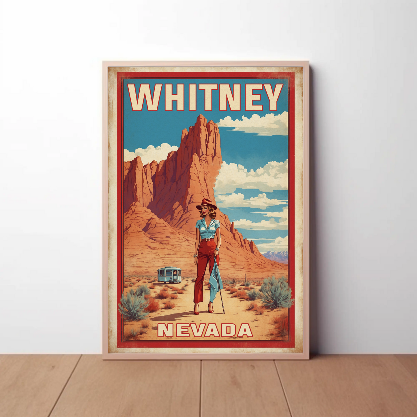 Whitney Nevada Desert Cowgirl Scene Vintage Travel Poster