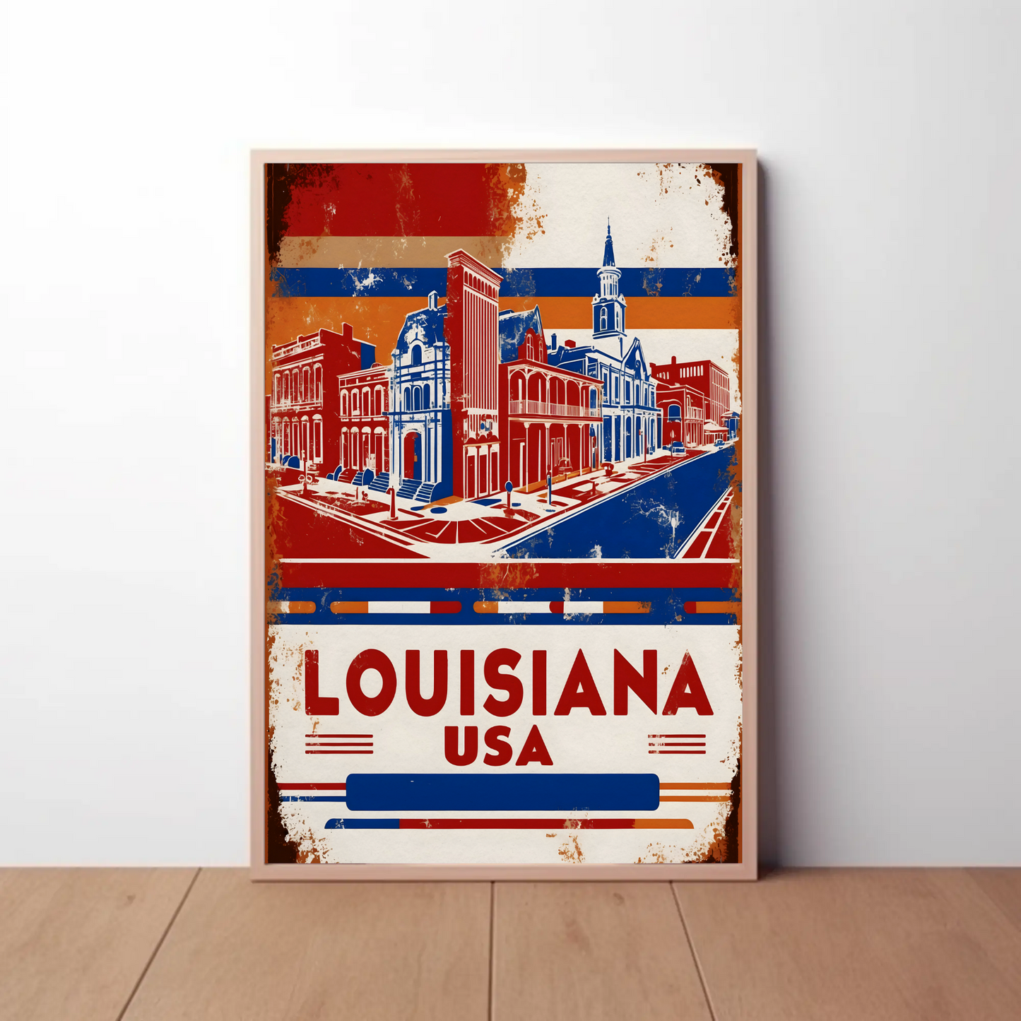 Louisiana USA French Quarter Street Vintage Maroon Travel Poster