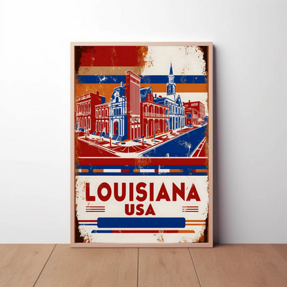 Louisiana USA French Quarter Street Vintage Maroon Travel Poster