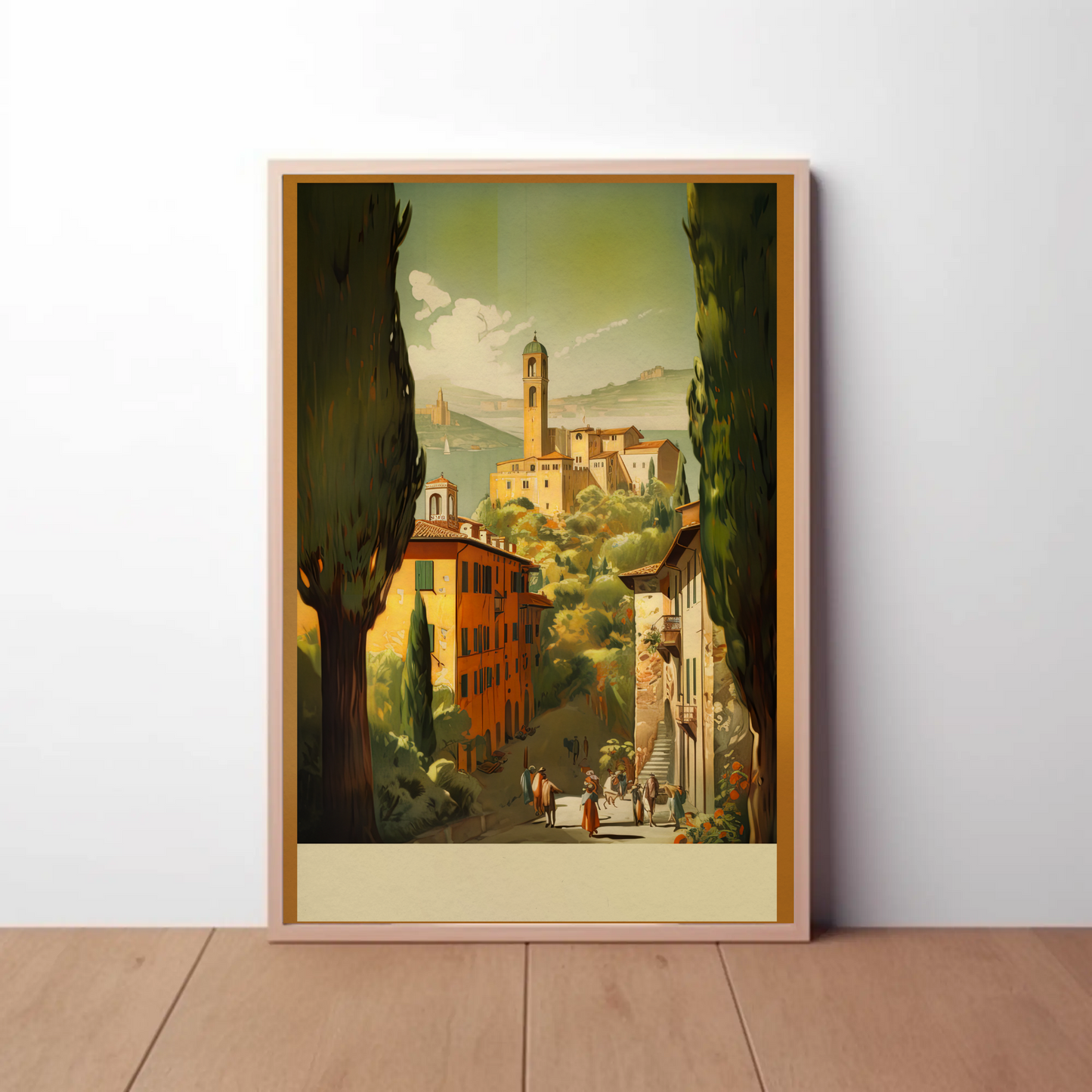 Italy Countryside Village Tower Hillside Vintage Travel Poster
