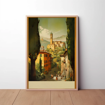 Italy Countryside Village Tower Hillside Vintage Travel Poster