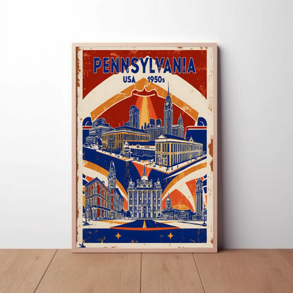 Pennsylvania USA 1950s Monument Skyline Vintage Travel Poster