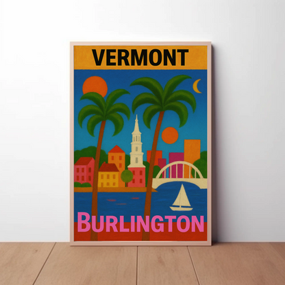 Vermont Burlington Palm Trees Church Sailboat Vintage Travel Poster