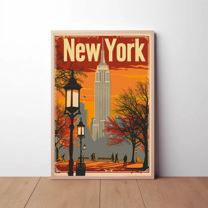 New York Orange Sky Autumn Cityscape Vintage Travel Poster