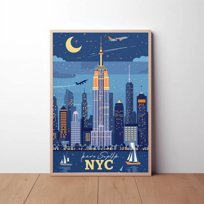 NYC Empire State Building Night Vintage Travel Poster