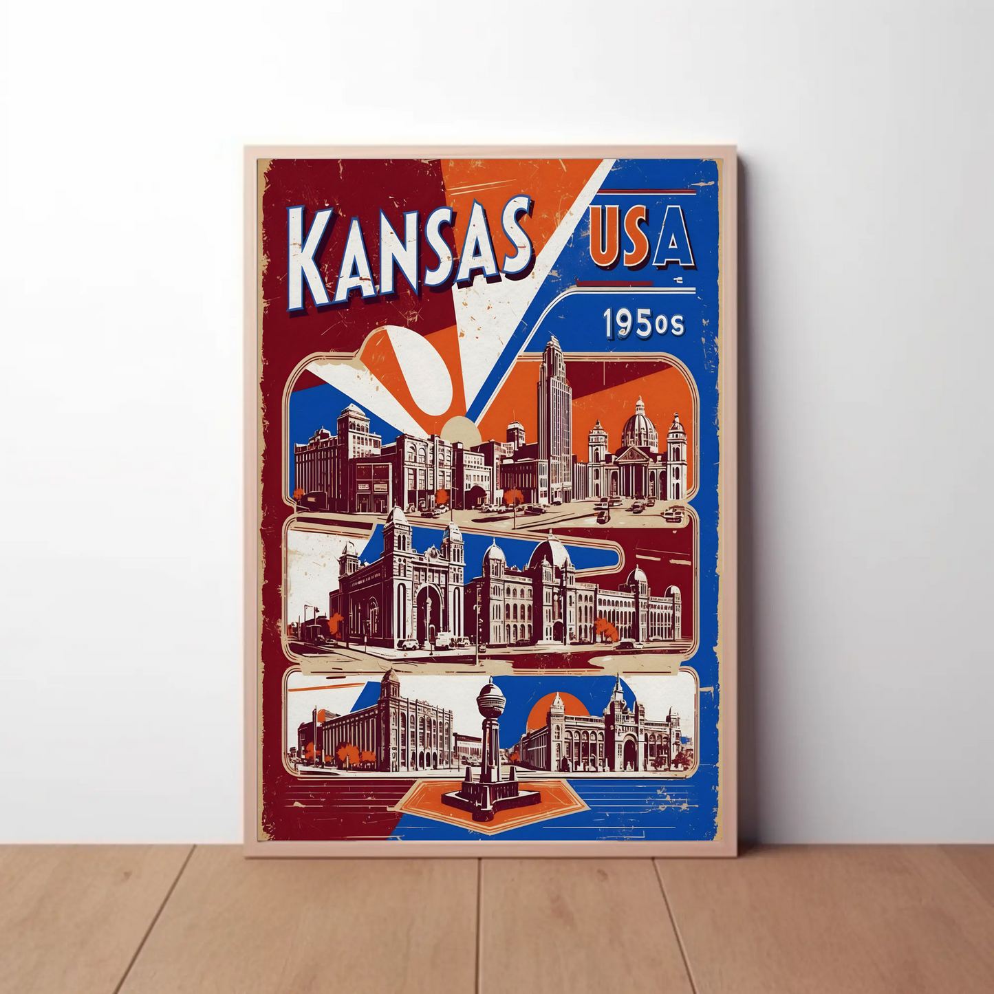 Kansas USA 1950s Grand Structures Vintage Maroon Travel Poster