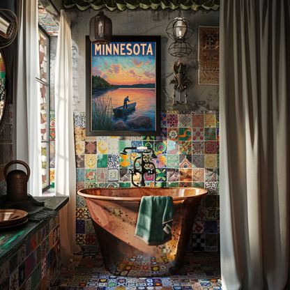 Minnesota Sunset Fishing Vintage Poster