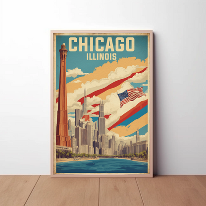 Chicago Illinois Skyline American Flag Cityscape Vintage Travel Poster