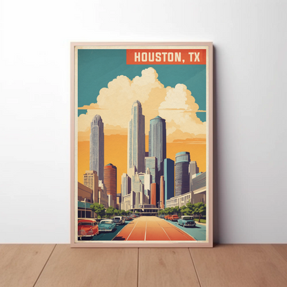 Houston Texas Skyline Classic Cars Sunset Vintage Travel Poster