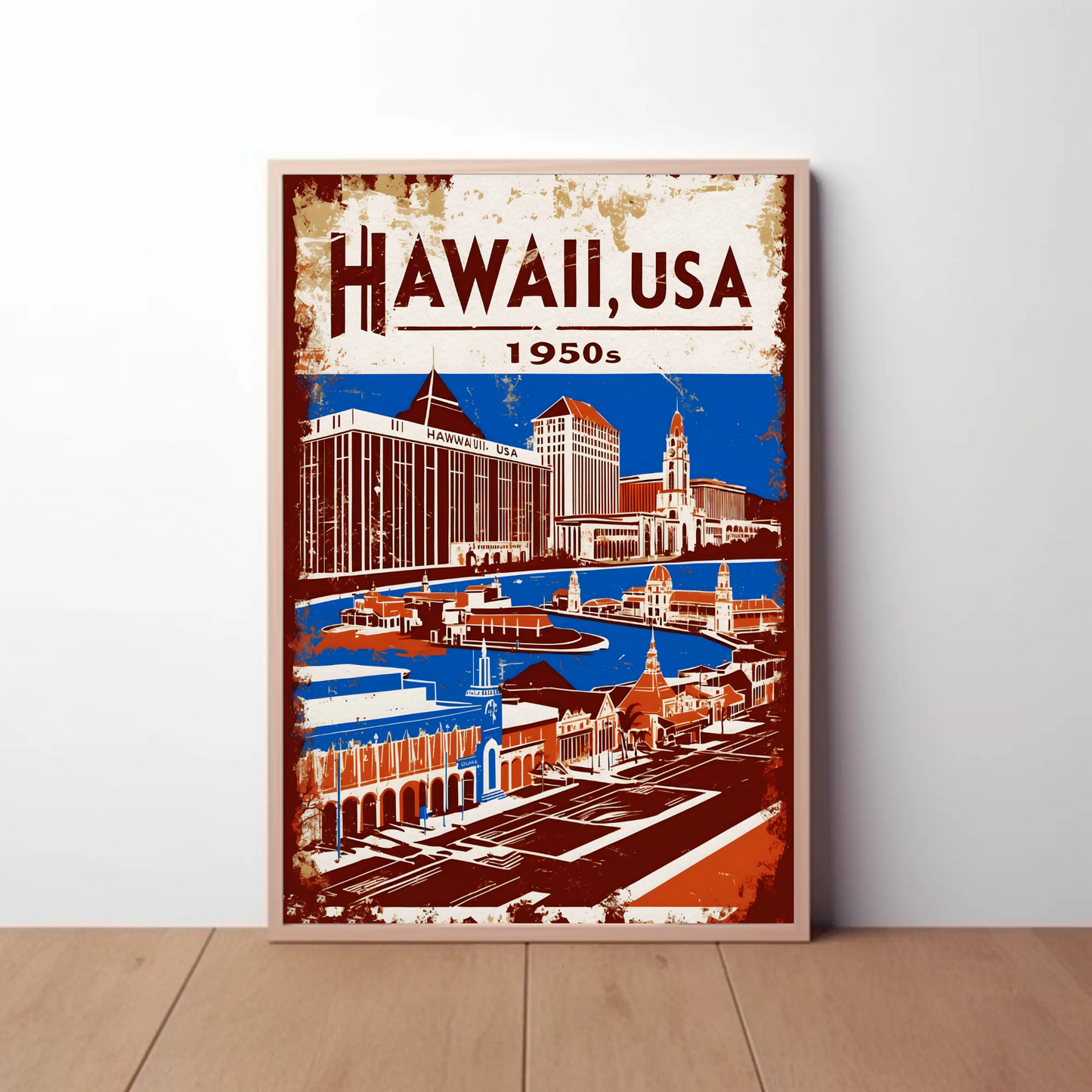 Hawaii USA 1950s Island Life Vintage Maroon Travel Poster