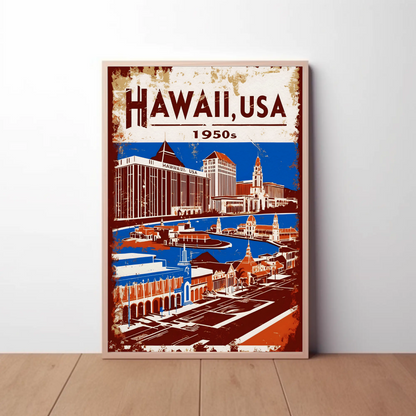 Hawaii USA 1950s Island Life Vintage Maroon Travel Poster