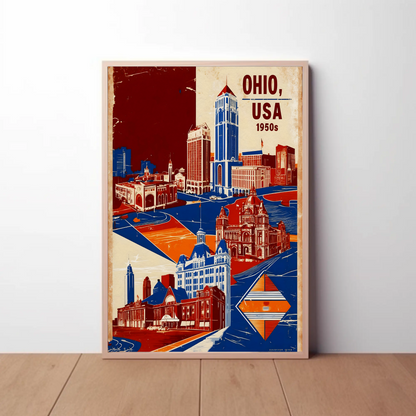 Ohio USA 1950s Civic Towers Vintage Travel Poster