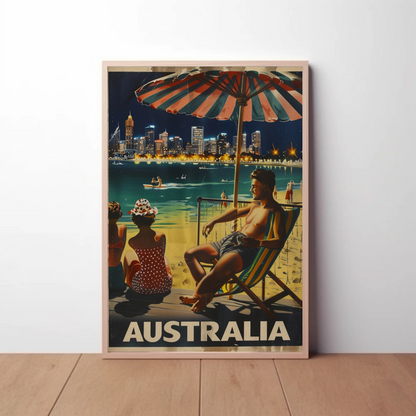Australia Beach City Night Relaxing Scene Vintage Travel Poster