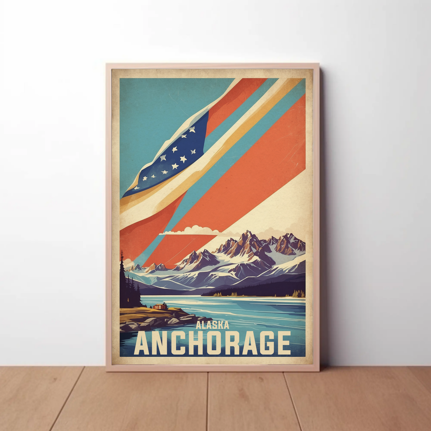 Anchorage Alaska Mountain Lake Vintage Travel Poster
