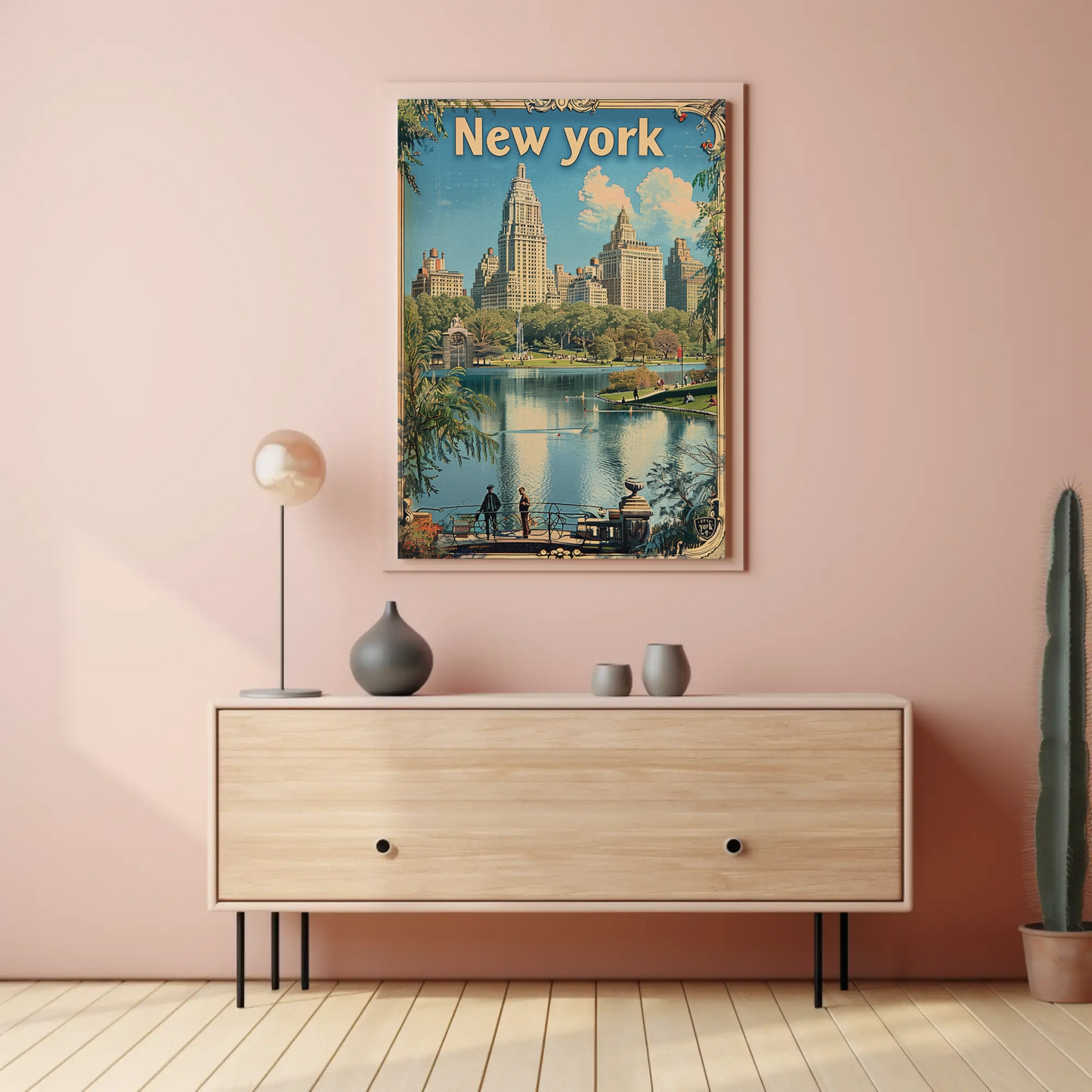 New York Central Park Skyline Lake Vintage Travel Poster