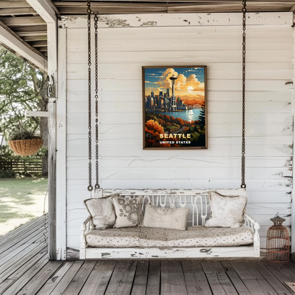 Seattle Space Needle Autumn Sunset Vintage Travel Poster