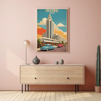 Irving Texas Art Deco Building Cars Retro Vintage Travel Poster