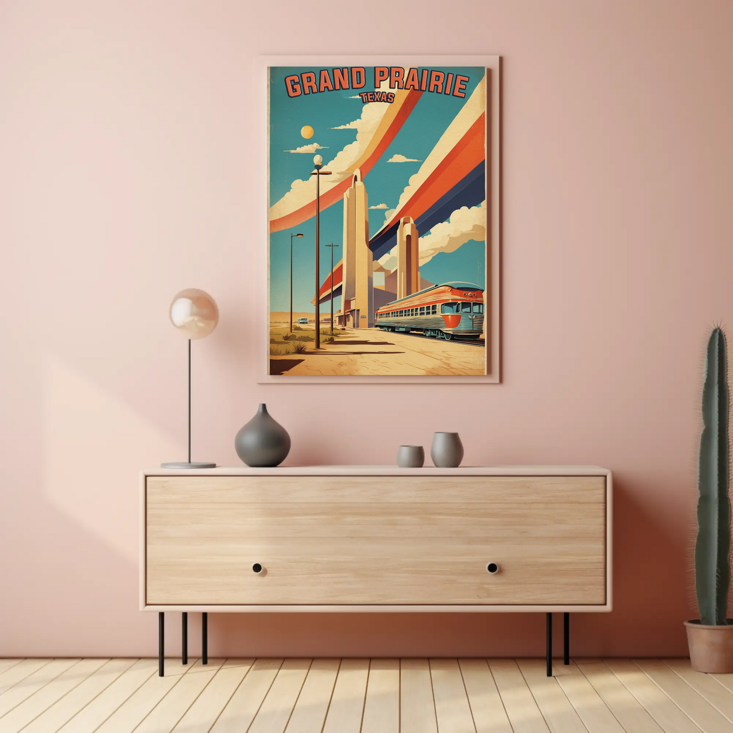 Grand Prairie Texas Train Towers Streamline Vintage Travel Poster