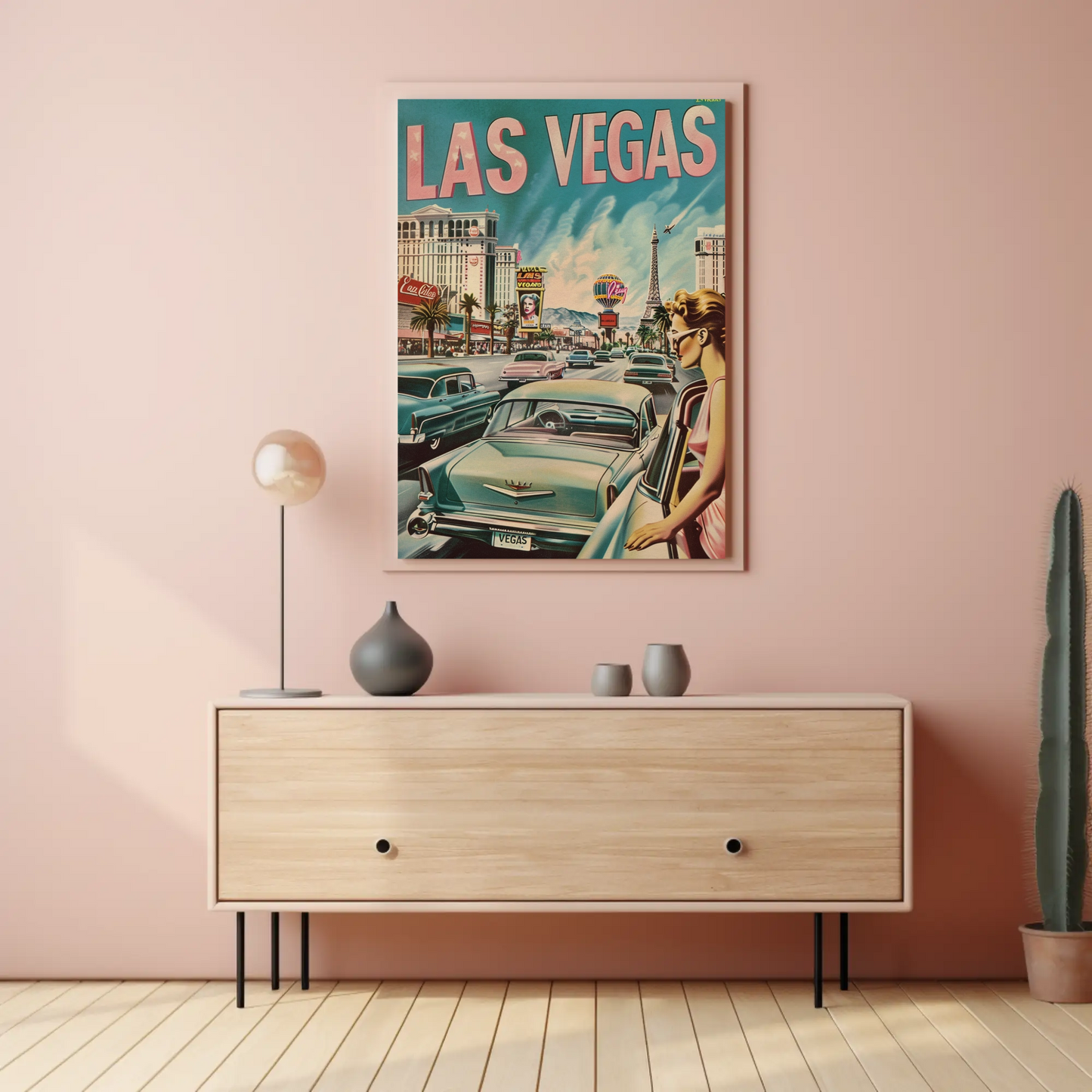 Las Vegas Strip Cars Neon Lights Vintage Travel Poster