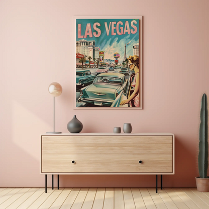 Las Vegas Strip Cars Neon Lights Vintage Travel Poster