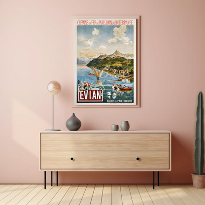 Evian Lake Boats Alps France Vintage Travel Poster
