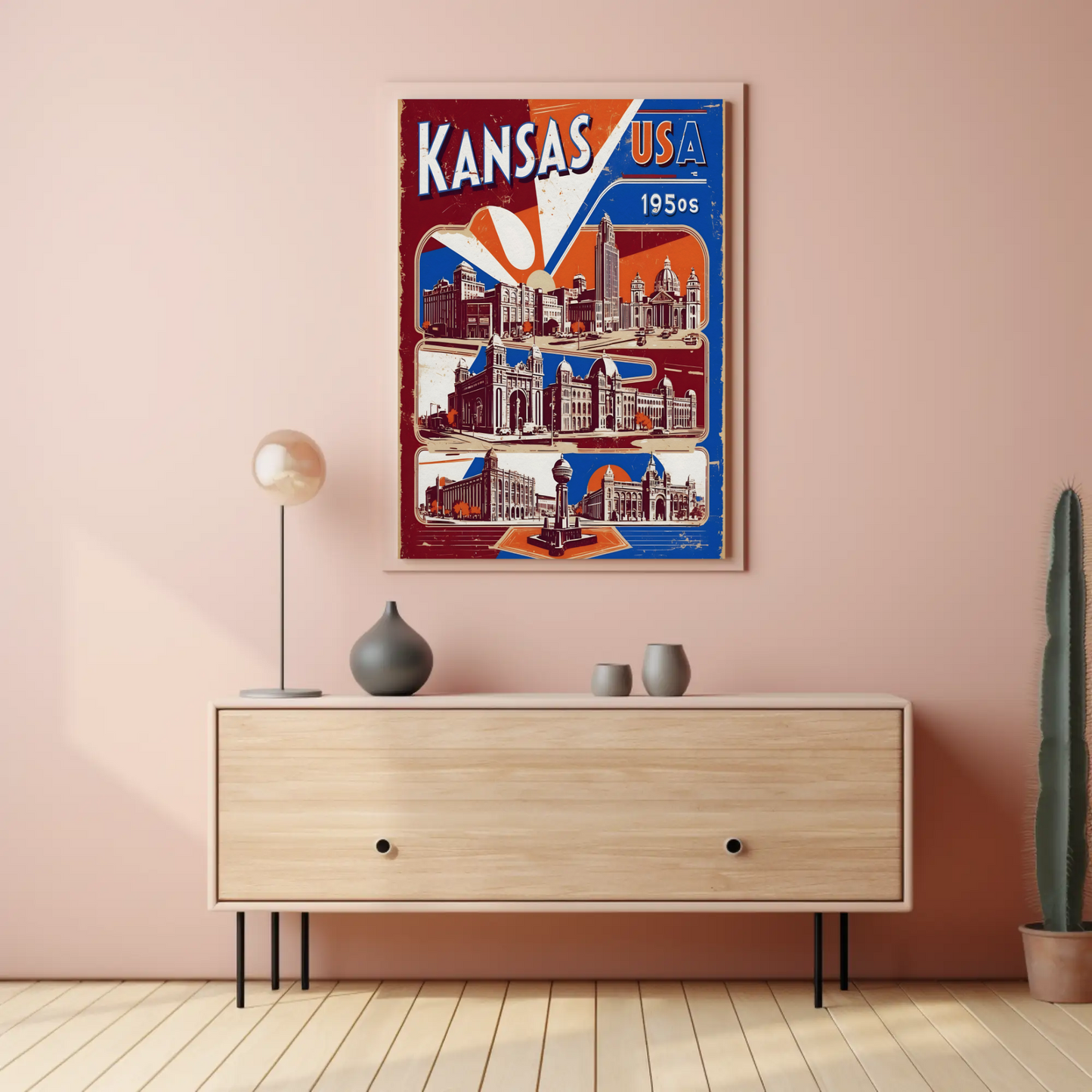 Kansas USA 1950s Grand Structures Vintage Maroon Travel Poster