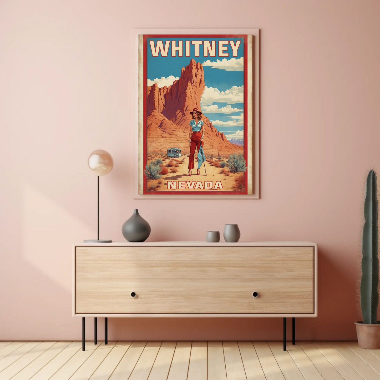 Whitney Nevada Desert Cowgirl Scene Vintage Travel Poster
