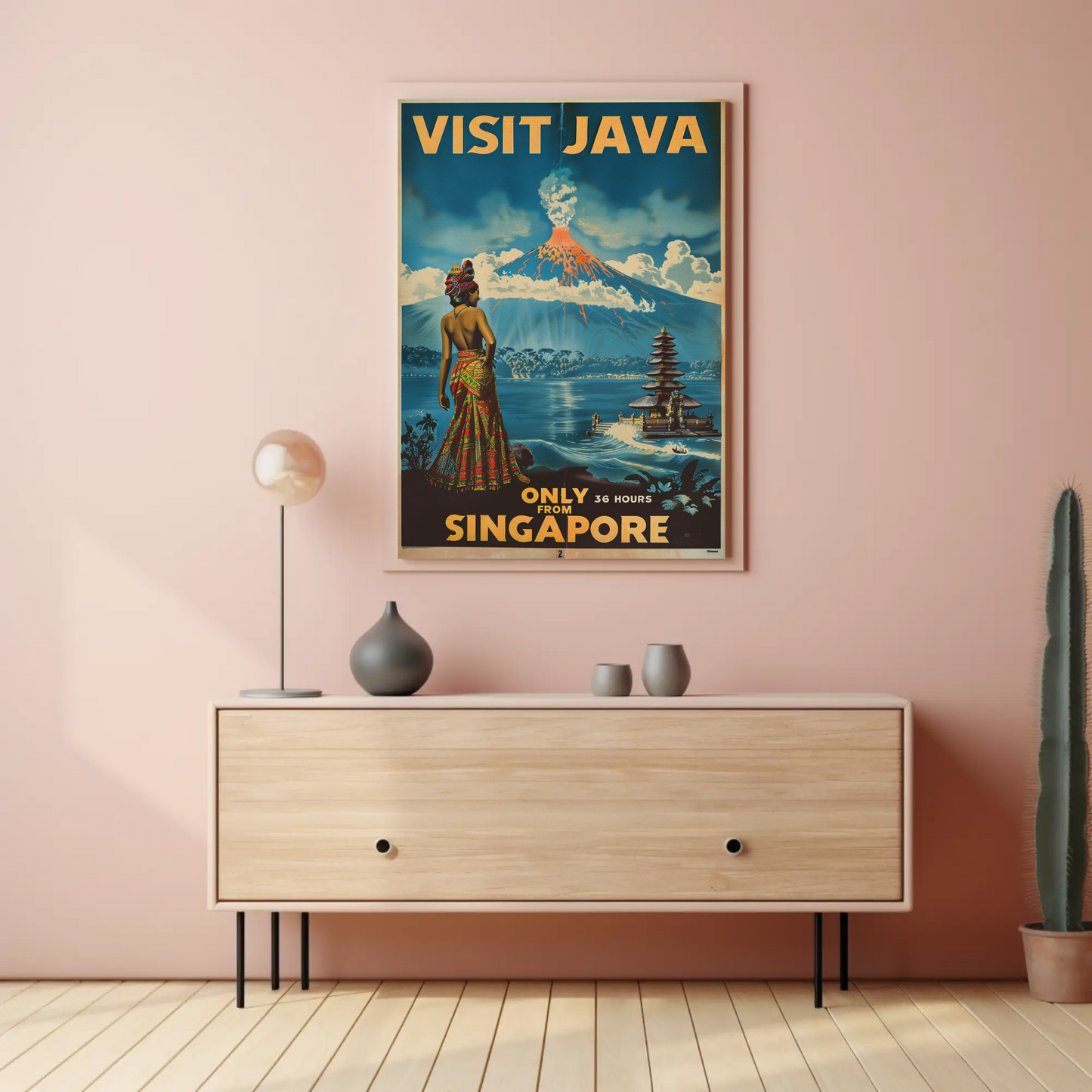 Visit Java Volcano Temple Woman View Vintage Travel Poster