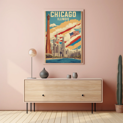 Chicago Illinois Skyline American Flag Cityscape Vintage Travel Poster