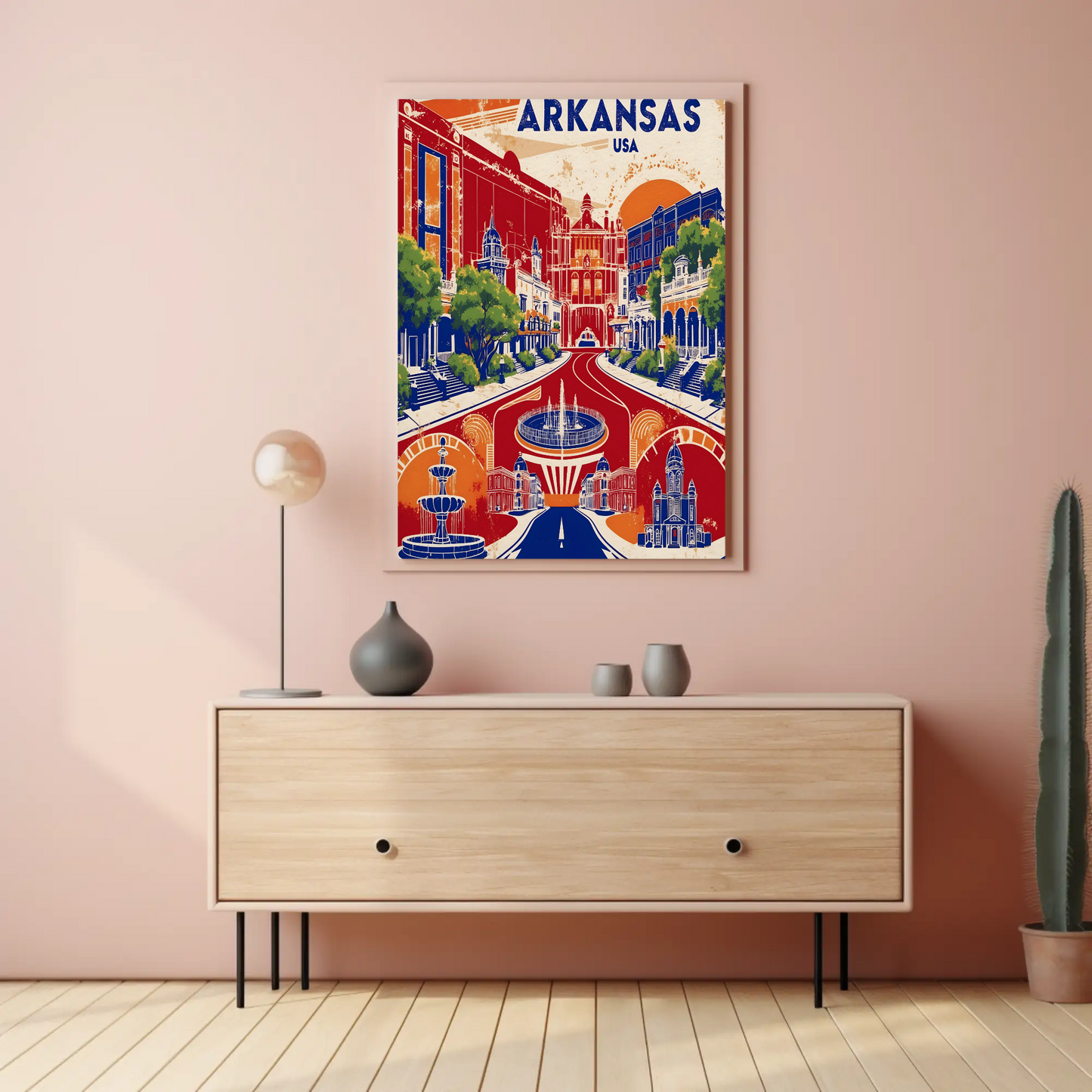 Arkansas Grand Street Circle Vintage Maroon Travel Poster USA