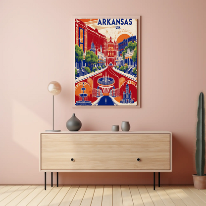 Arkansas Grand Street Circle Vintage Maroon Travel Poster USA