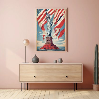 Liberty Statue American Flag Waves Vintage Travel Poster
