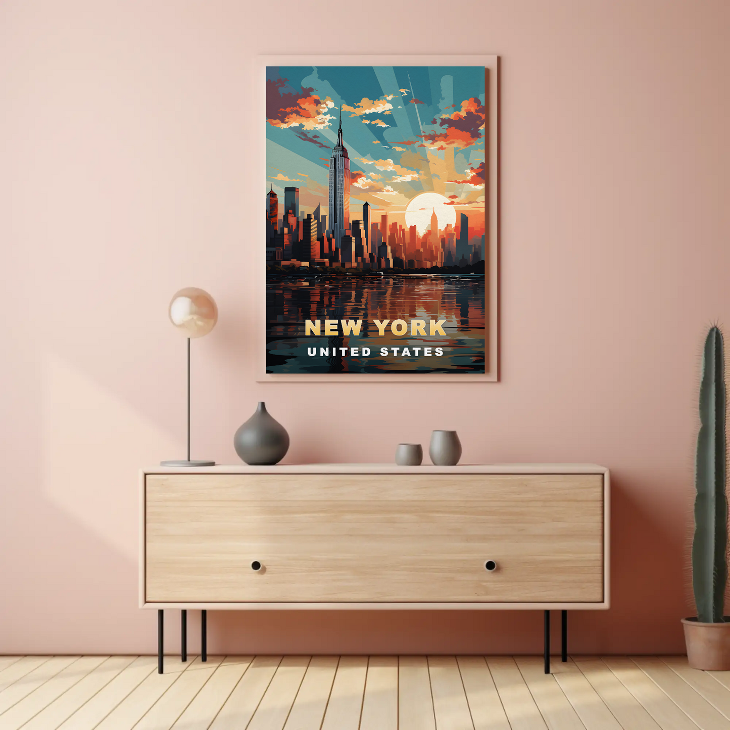 New York City Empire Sunset Reflection Vintage Travel Poster