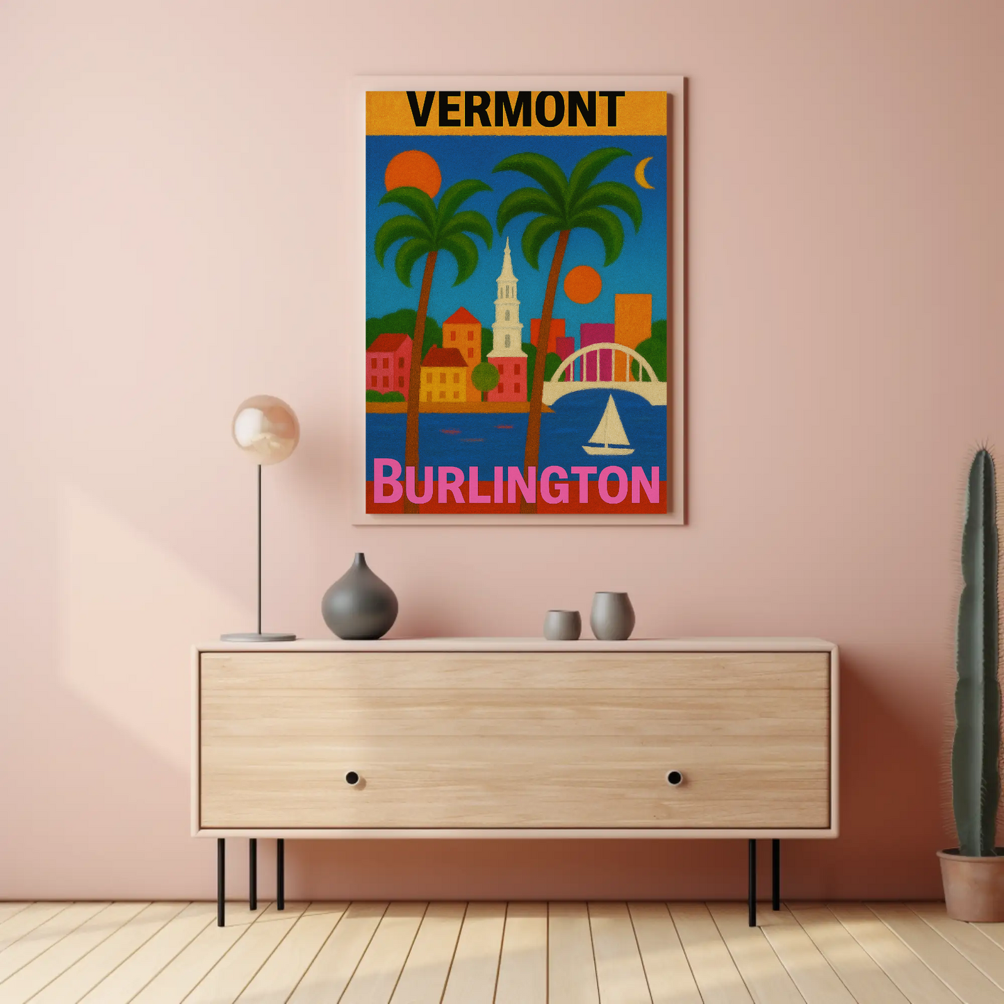 Vermont Burlington Palm Trees Church Sailboat Vintage Travel Poster