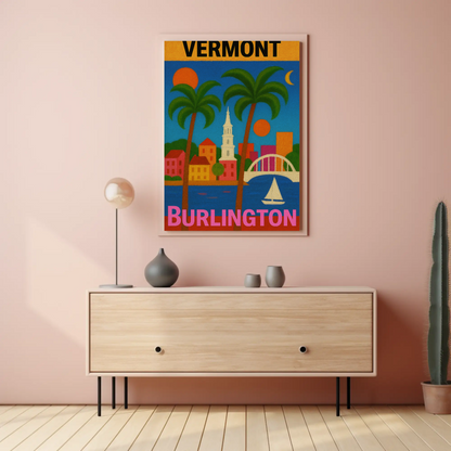 Vermont Burlington Palm Trees Church Sailboat Vintage Travel Poster