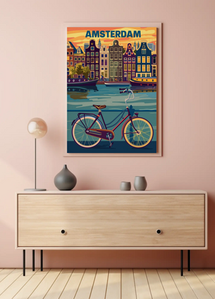Amsterdam Holland Bicycle Canals Sunset Vintage Travel Poster