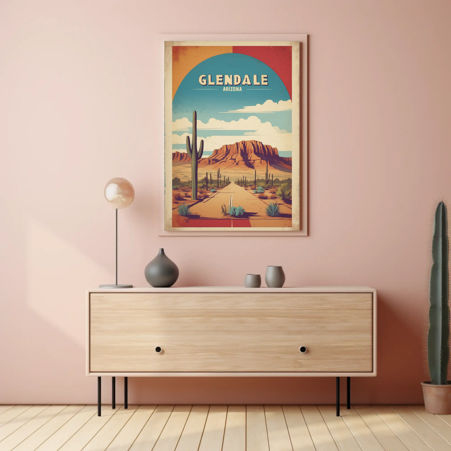 Glendale Arizona Cactus Roadscape Mesa Vintage Travel Poster